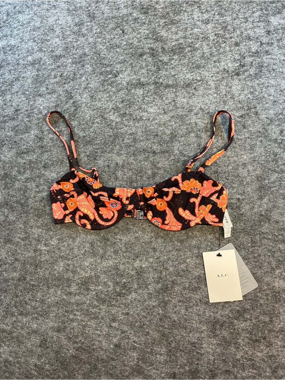 A.L.C. Floral Paisley Underwire Bikini Top in Black & Coral Size S
